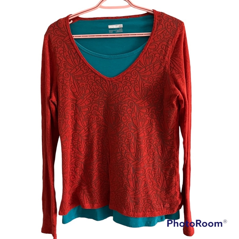 Marmot Women's Long Sleeve Top Orange Floral Double Layer Athletic size Large